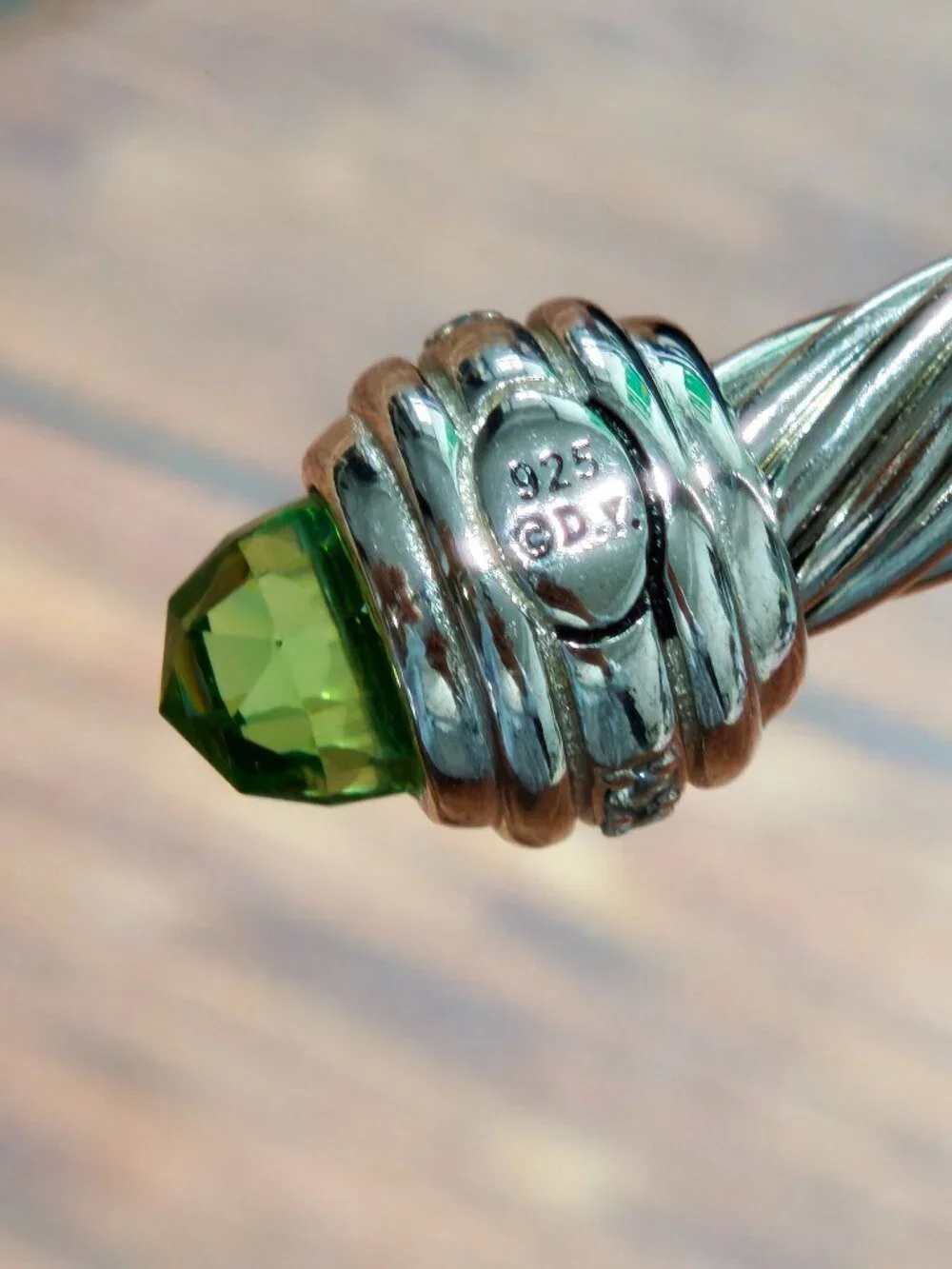 David Yurman Silver Cable Cuff Bracelet with Green Gemstone Tips